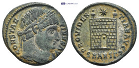 Constantine I. AE Nummus. Antioch, AD 327-328. (3.12 Gr. 19mm.)
Laureate diademed bust right 
Rev. Camp gate, two turrets and star above; SMANT Γ in e...