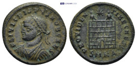 Crispus AE Follis. Cyzicus, AD 324-325. (3.4 Gr. 19mm.)
Laureate, draped and cuirassed bust right 
Rev. Camp gate with two turrets and star above, SMK...