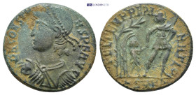 Constantius II, 337-361. AE. Kyzikos. (4.76 Gr. 20mm.)
Pearl-diademed, draped and cuirassed bust left, holding globe. 
Rev. Soldier advancing right, h...