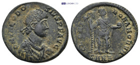 Theodosius I AD 392-394. AE. Nummus. (5.22 Gr. 21mm.) Nicomedia 
Diademed, draped and cuirassed bust right 
Rev. Emperor standing facing, head right, ...