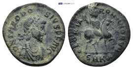Theodosius I (379-395). AE (2.08 Gr. 16mm.). Cyzicus
Diademed, draped and cuirassed bust right. 
Rev. Emperor on horseback right, extending arm; SMKB