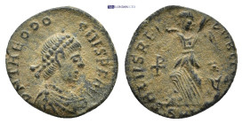 Theodosius I AD 379-395. Cyzicus Follis Æ (12mm, 0.86 g) D N THEODOSIVS P F [AVG], pearl-diademed, draped, and cuirassed bust right / SALVS REIPVBLICA...