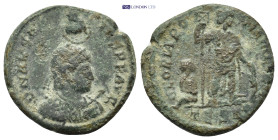 Arcadius. AD 383-408. Æ (21mm, 4.43 g). Thessalonica mint. Struck AD 383-392. Diademed, draped and cuirassed bust right, holding spear and shield; abo...