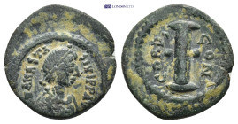Anastasius I. 491-518. Æ Decanummium (16mm, 2.52 g). Constantinople mint. Struck 498-507. Diademed, draped, and cuirassed bust right / Large I; pellet...