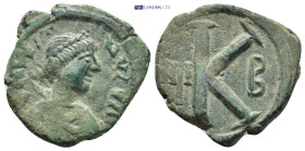 Justin I, 518-527 AD. Æ Half Follis (24mm, 7.98 g) of Nikomedia, off B. Diademed bust right / Large K, cross between N-I.