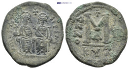 Justin II with Sophia (565-578 AD). Kyizkos. AE Follis (29mm, 13.35 g) Obv: D N IVSTINVS P P AVG. Justin, holding globus cruciger, and Sophia, holding...