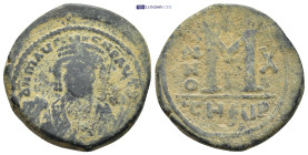 Maurice Tiberius (582-602), Follis, Theoupolis (Antioch), AD 591-592 AE (28mm, 12.9 g) DN MAVΓI - CN P AVT, facing bust, wearing consular robe and tre...