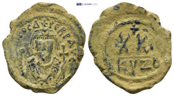 Phocas, 602-610 AD. Æ Half Follis (26mm, 7.19 g) of Kyzikos. Crowned draped bust facing with mappa / Large XX, cross above, II to right KYZ B.