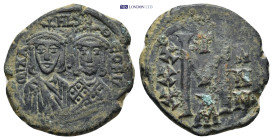 Michael II with Theophilus AD 820-829. Constantinople Follis AE (5.87 Gr. 24mm.)
Facing busts of Michael, wearing crown and chlamys with short beard o...