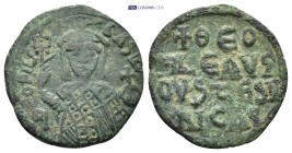 Theophilus, AD 830-842. AE, Follis. (21mm, 2.9 g). Constantinople. Obv: ΘEOFIL-bASIL. Crowned, three-quarter length figure of Theophilus facing, pelle...
