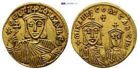 Theophilus, with Constantine and Michael II (829-842 AD). AV Solidus (19mm, 4.48 g), Constantinople, 830/1-840. Obv. (Star) ΘЄOFILOS bASILЄ Θ, Bust fa...