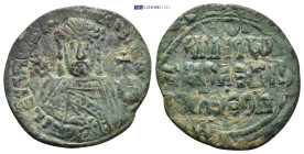 Romanus I (920-944), AE Follis, (27mm, 5.9 g). Half length crowned facing bust holding transverse trefoiled tipped labarum sceptre and globus cruciger...