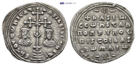 Basil II Bulgaroktonos, with Constantine VIII, AR Miliaresion. (24mm, 2.76 g) Constantinople, AD 977-989. Єh TOVTѠ hICAT' bASILЄI C CѠhST, cross cross...