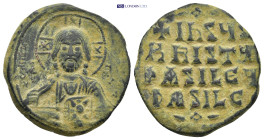 Anonymous (attributed to Basil II). AE Follis AD. 976-1025. Constantinople. (9 Gr. 27mm)
Bust of Christ Pantokrator facing, raising hand in benedictio...