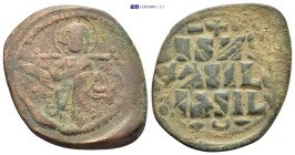 Anonymous, time of Constantine IX (1042-1055). Æ follis (23mm, 10.7 g). Constantinople. Christ Pantokrator enthroned facing. R/ Legend in four lines.