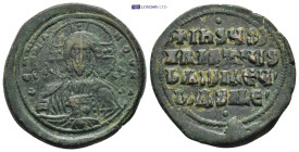 Anonymous. Circa 976-1030/35. Ae Follis (32mm, 16.4 g) Facing bust of Christ, raising hand in benediction, holding Gospels; nimbus with five pellets i...