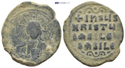 Anonymous. Circa 976-1030/35. Ae Follis (34mm, 17.1 g) Facing bust of Christ, raising hand in benediction, holding Gospels; nimbus with five pellets i...