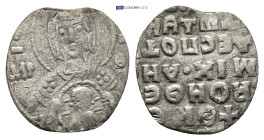 Michael VII Ducas AD 1071-1078. Constantinople 2/3 Miliaresion AR (14mm, 0.66 g) MP-QV, Nimbate facing bust of Mary, holding nimbate infant Christ who...
