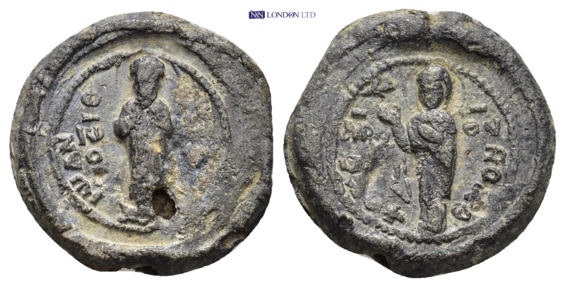 Byzantine Lead Seal (18mm, 4.67 g) Obv: Saint standing facing. Rev: The Virgin M...