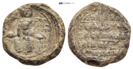 Byzantine Lead Seal (19mm, 9.59 g) Obv: Mary, seated on the throne, holding the child Jesus in her arms. Rev: Legends in five lines.