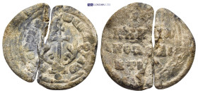 Byzantine Lead Seal (26mm, 7.32 g) Obv: Patriarchal cross on steps with floral ornaments springing from base.. Rev: Legends in five lines .