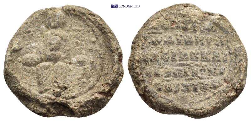 Byzantine Lead Seal (21mm, 9.6 g) Obv: Mary, seated on the throne, holding the c...