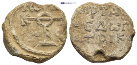 Byzantine Lead Seal (25mm, 12.23 g) Obv: Cruciform monogram. Rev: Legends in three lines.