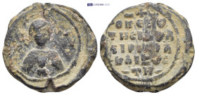 Byzantine Lead Seal (24mm, 13.0 g) Obv: Bust of the Virgin Mary facing, orans, with Christ medallion on breast. Rev: Legends in five lines.