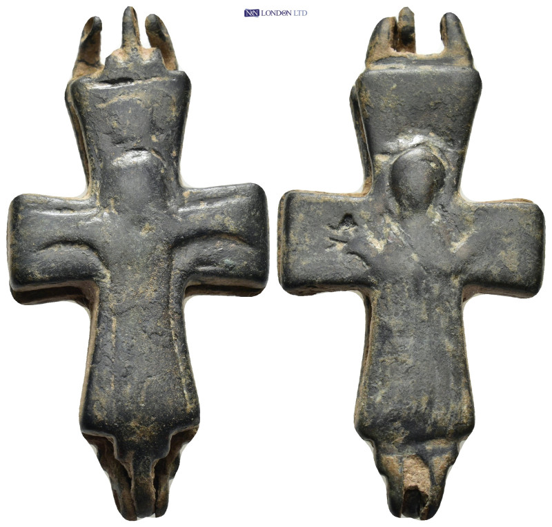 Byzantine Reliquary Cross Pendant. A bronze reliquary in form of a double cross,...