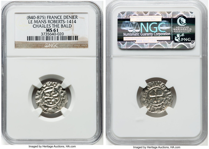 Carolingian. Charles the Bald Denier ND (840-875) MS61 NGC, Le Mans mint, Robert...