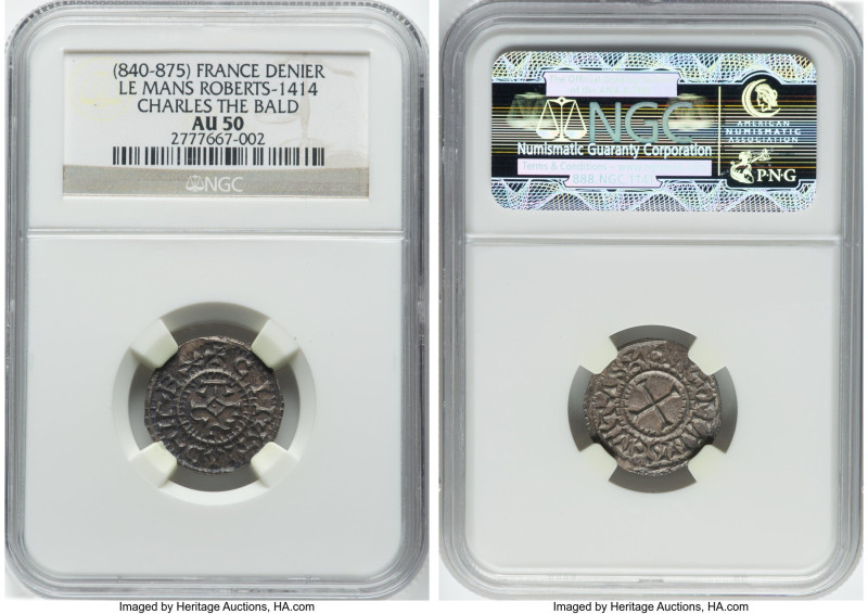 Carolingian. Charles the Bald Denier (840-875) AU50 NGC, Le Mans mint, Roberts-1...