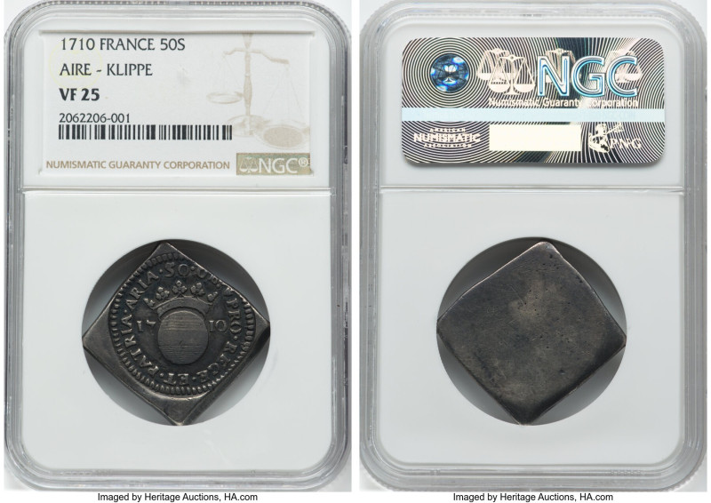 Aire. Marechal de Goesbriant Siege Klippe 50 Sols 1710 VF25 NGC, KM16.1, Vanhoud...