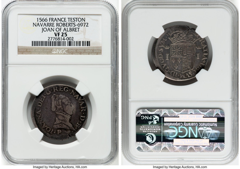Navarre. Joan of Albret Teston 1566 VF25 NGC, Pau mint, Roberts-6972, Dup-1305. ...