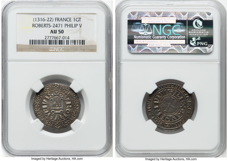 Philip V Gros Tournois ND (1316-1322) AU50 NGC, Roberts-2471. Ex. iNumis Auction...
