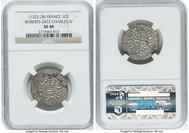 Charles IV Gros Tournois ND (1322-1328) XF40 NGC, Roberts-2472, Dup-242. A rare ...