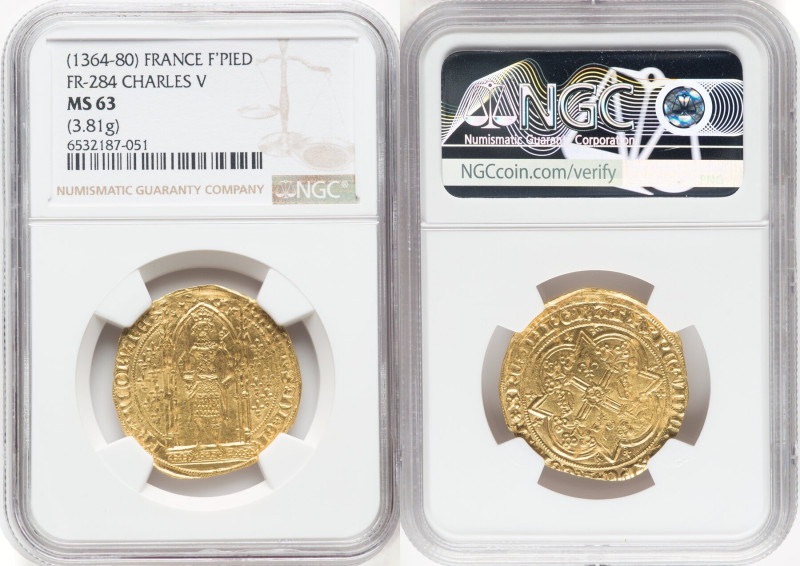 Charles V gold Franc à pied ND (1364-1380) MS63 NGC, Fr-284, Dup-360. 3.81gm. Pr...