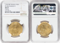 Charles V gold Franc à pied ND (1364-1380) MS63 NGC, Fr-284, Dup-360. 3.81gm. Produced slightly off-center on the reverse with an appreciable antique-...