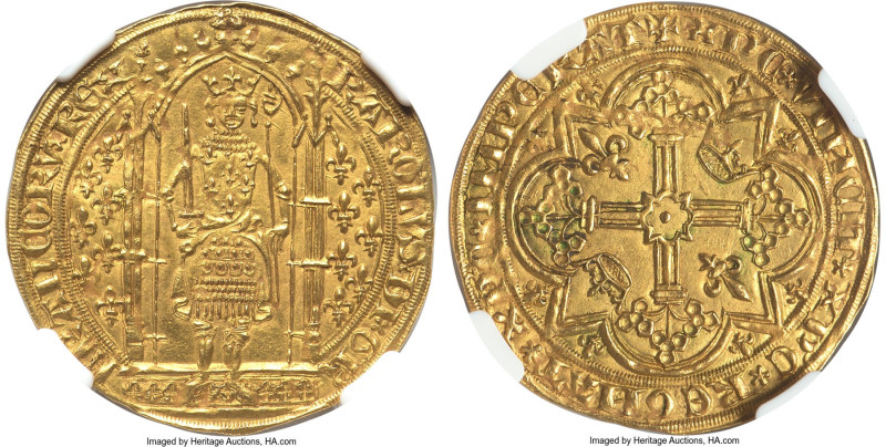 Charles V gold Franc à pied ND (1364-1380) MS62 NGC, Fr-284, Dup-360. A wholesom...