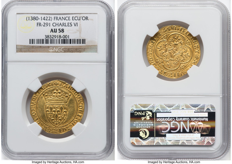 Charles VI gold Ecu d'Or ND (1380-1422) AU58 NGC, Saint Quentin mint, Dup-369, F...