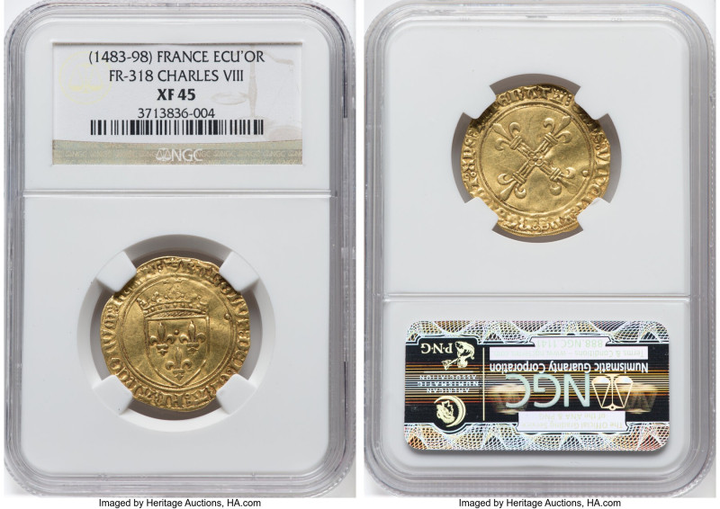 Charles VIII gold Ecu d'Or ND (1483-1498) XF45 NGC, Tours mint, Fr-318, Dup-575....