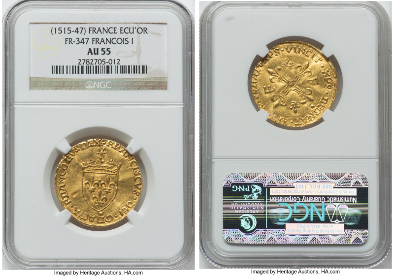Francois I gold Ecu d'Or ND (1515-1547) AU55 NGC, Rouen mint, Fr-347, Dup-775. H...