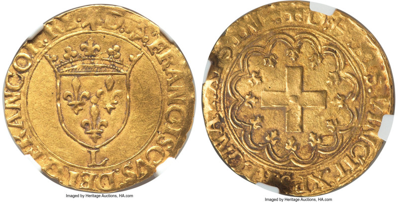 François I Ecu d'Or à la croisette ND (1515-1547)-L AU53 NGC, Bayonne mint, Fr-3...