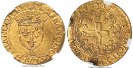 François I Ecu d'Or à la croisette ND (1515-1547)-L AU53 NGC, Bayonne mint, Fr-351, Dup-889. A more uncommon Ecu d'Or type with a lovely cross in the ...