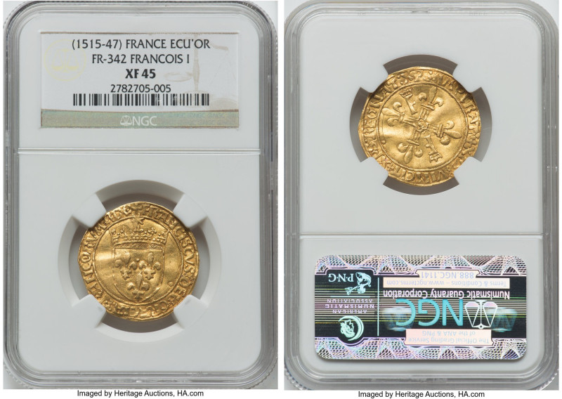 François I gold Ecu d'Or ND (1515-1547) XF45 NGC, Lyon mint, Fr-342, Dup-771. HI...