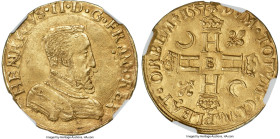 Henri II gold 2 Henri d'Or 1557-B AU55 NGC, Rouen mint, Fr-367, Dup-971. A wonderful example of this double denomination Henri d'or, almost never foun...