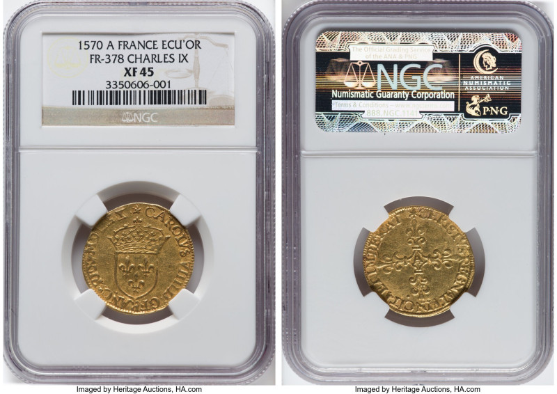 Charles IX gold Ecu d'Or 1570-A XF45 NGC, Paris mint, Fr-378, Dup-1057. HID09801...