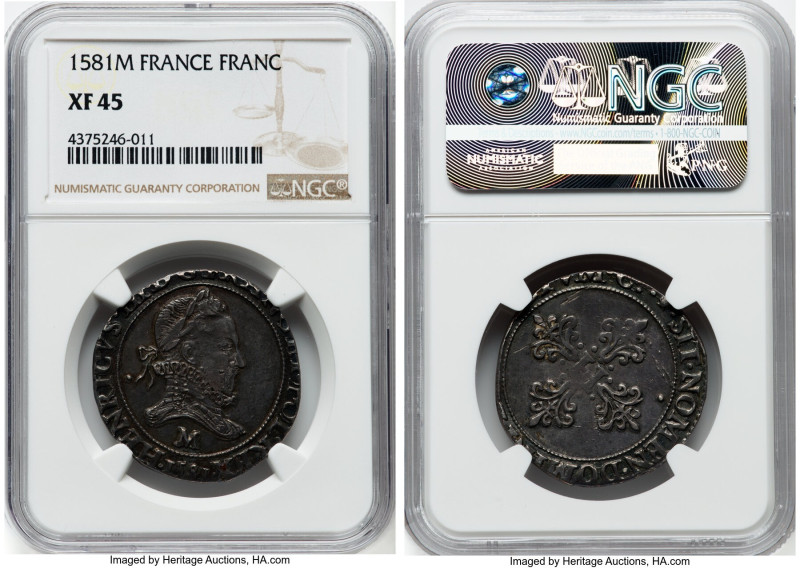 Henri III Franc 1581-M XF45 NGC, Toulouse mint, Gad-497, Dup-1130A. HID098012420...