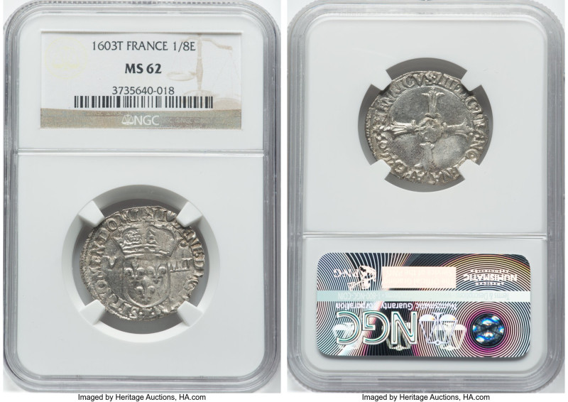 Henri IV 1/8 Ecu 1603-T MS62 NGC, Nantes mint, KM22.3, Dup-1241. The sole finest...