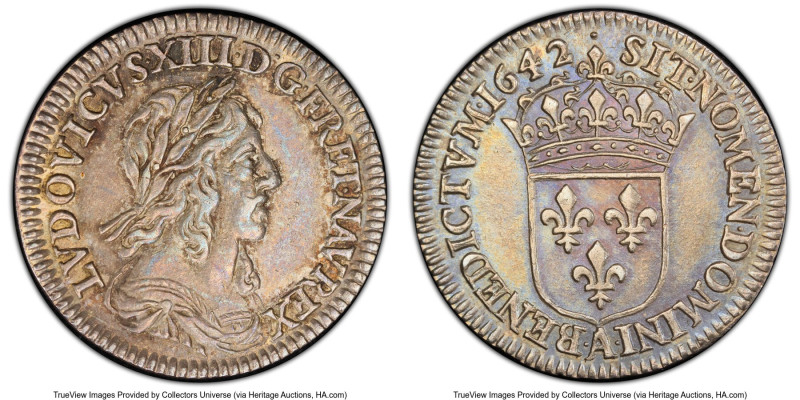 Louis XIII 1/12 Ecu 1642-A (Point) AU58 PCGS, Paris mint, KM132.1, Gad-46. Varie...