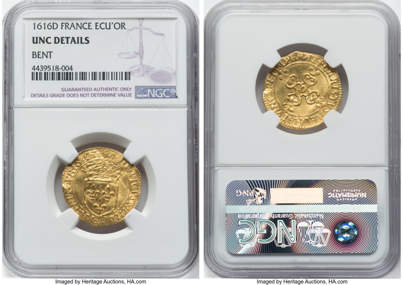 Louis XIII gold Ecu d'Or 1616-D UNC Details (Bent) NGC, Lyon mint, KM57, Gad-55....